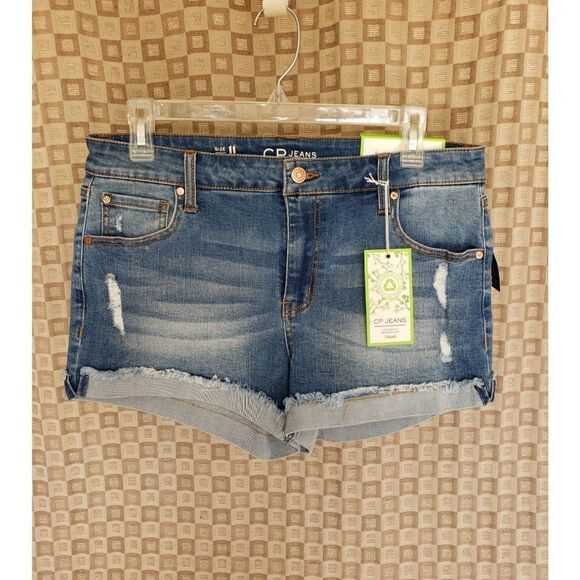Women's Cuffed Jean Shorts 11 Stretch Denim Distressed Shorty Shorts Y2K - Picture 2 of 6